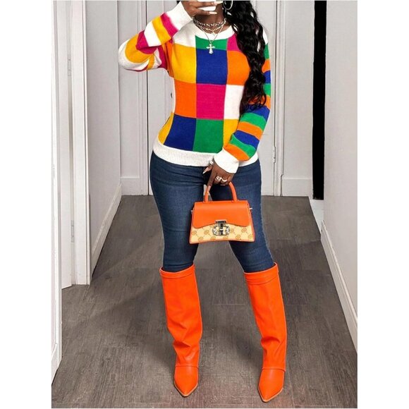 Women's Rainbow Plaid Checkered Long Sleeve Crew Neck Pullover Knitwear Sweater - Picture 5 of 5